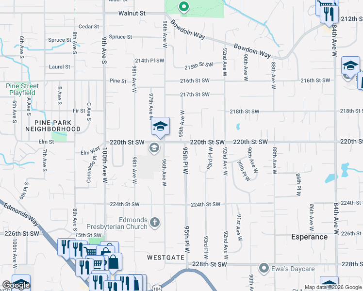 map of restaurants, bars, coffee shops, grocery stores, and more near 22017 95th Place West in Edmonds