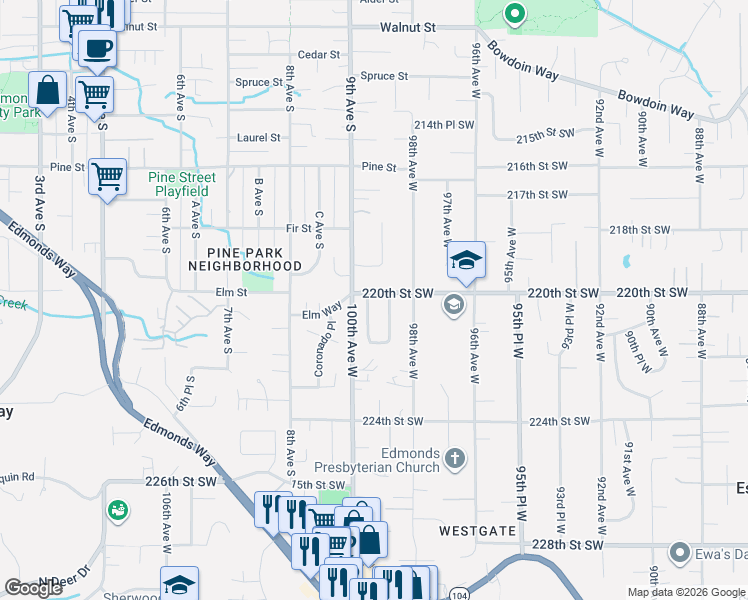 map of restaurants, bars, coffee shops, grocery stores, and more near 22005 99th Place West in Edmonds