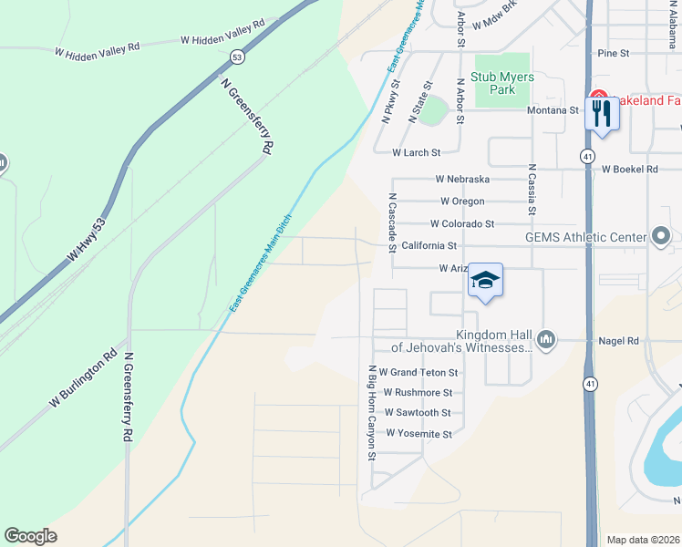 map of restaurants, bars, coffee shops, grocery stores, and more near 8957 West Nagel Lane in Rathdrum