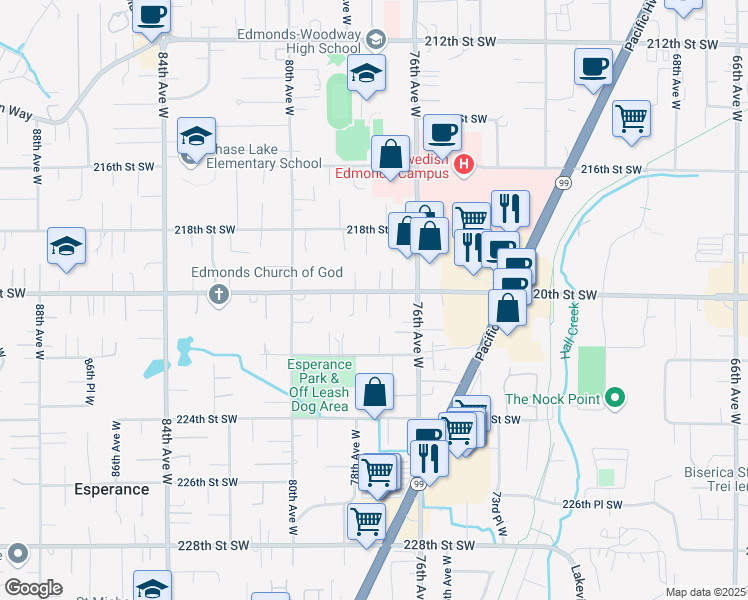 map of restaurants, bars, coffee shops, grocery stores, and more near 22011 77th Place West in Edmonds