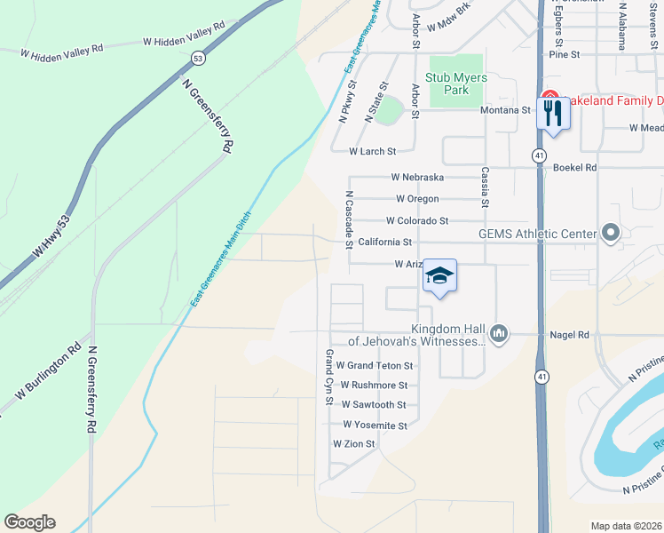 map of restaurants, bars, coffee shops, grocery stores, and more near 13987 Cascade Street in Rathdrum