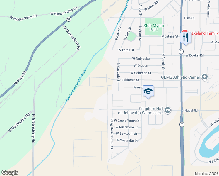 map of restaurants, bars, coffee shops, grocery stores, and more near 13987 Cascade Street in Rathdrum