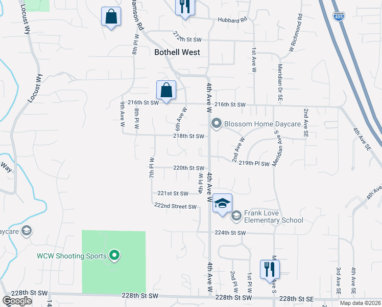map of restaurants, bars, coffee shops, grocery stores, and more near 429 220th Street Southwest in Bothell