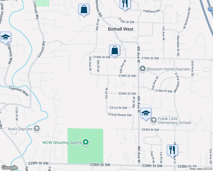 map of restaurants, bars, coffee shops, grocery stores, and more near 21925 8th Place West in Bothell