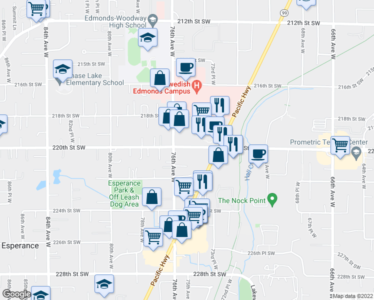 map of restaurants, bars, coffee shops, grocery stores, and more near 22020 Highway 99 in Edmonds