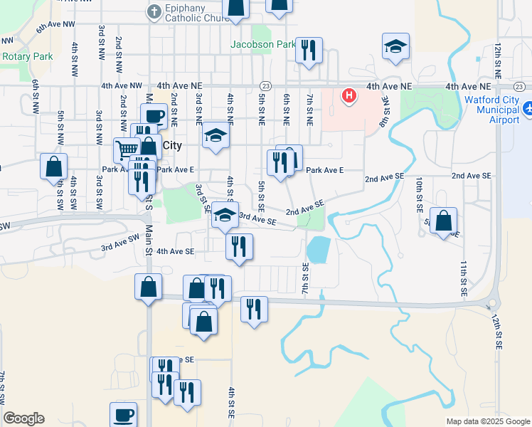 map of restaurants, bars, coffee shops, grocery stores, and more near 3rd Avenue Southeast in Watford City