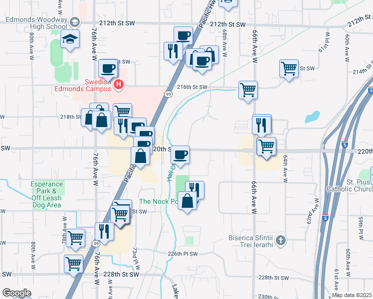 map of restaurants, bars, coffee shops, grocery stores, and more near 7007 220th Street Southwest in Mountlake Terrace