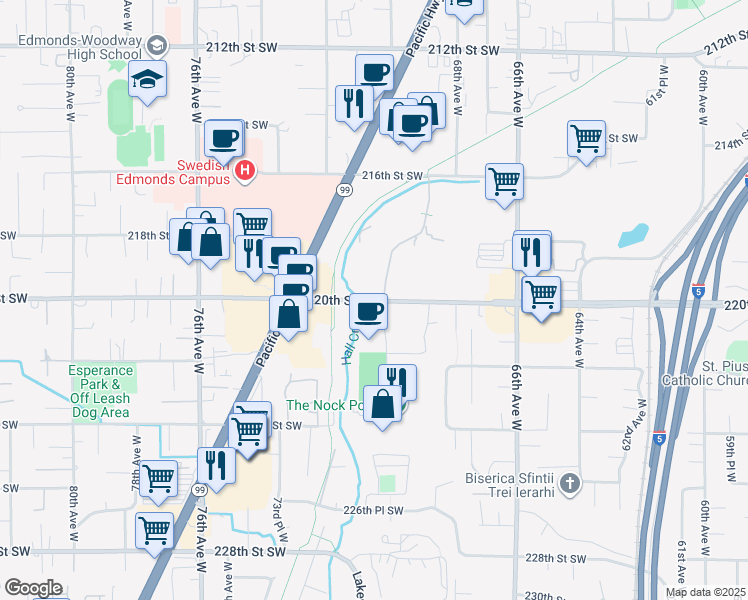 map of restaurants, bars, coffee shops, grocery stores, and more near 7005 220th Street Southwest in Mountlake Terrace