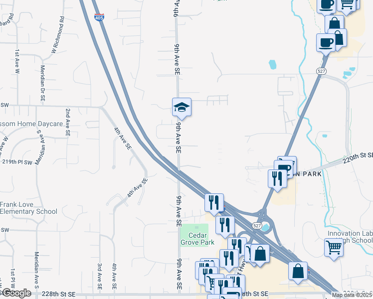 map of restaurants, bars, coffee shops, grocery stores, and more near 21915 9th Avenue Southeast in Bothell