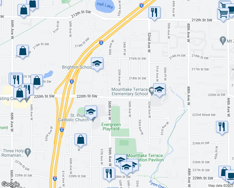map of restaurants, bars, coffee shops, grocery stores, and more near 5502 220th Street Southwest in Mountlake Terrace