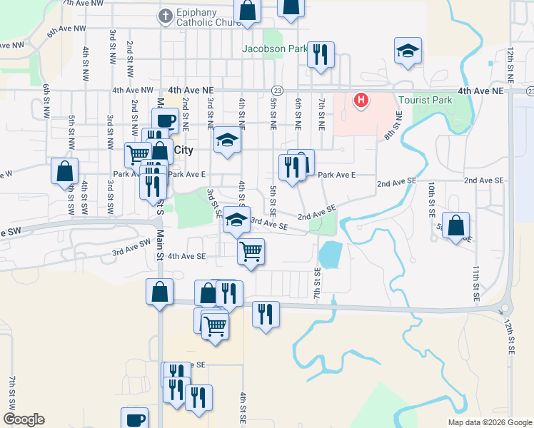 map of restaurants, bars, coffee shops, grocery stores, and more near 3rd Avenue Southeast in Watford City
