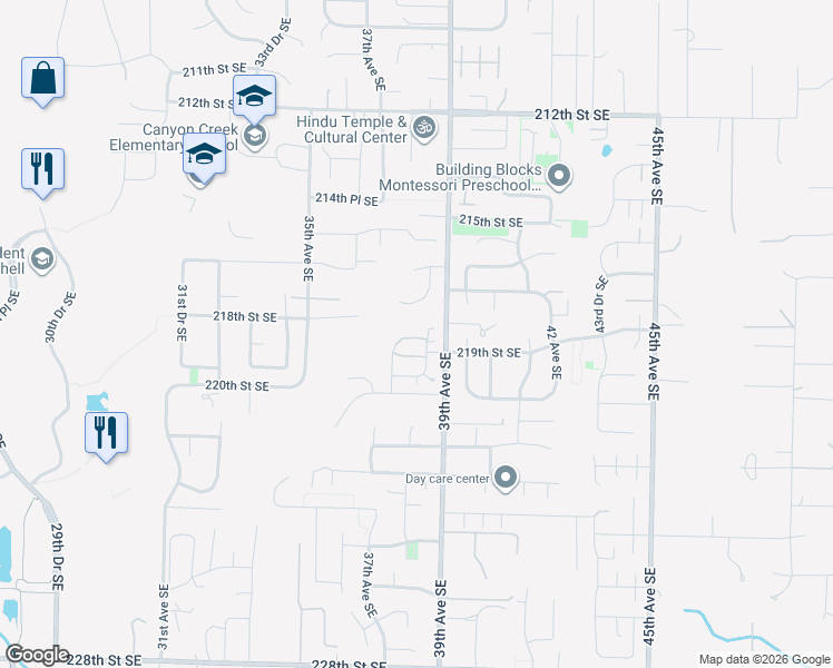 map of restaurants, bars, coffee shops, grocery stores, and more near 3720 219th Street Southeast in Bothell