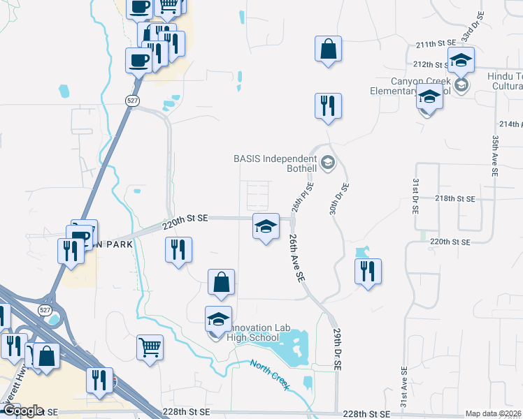 map of restaurants, bars, coffee shops, grocery stores, and more near 22029 23rd Drive Southeast in Bothell