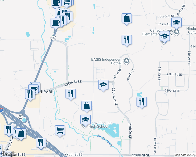 map of restaurants, bars, coffee shops, grocery stores, and more near 22029 23rd Drive Southeast in Bothell