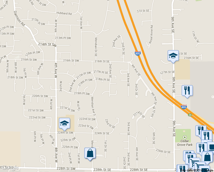 map of restaurants, bars, coffee shops, grocery stores, and more near 118 219th Place Southwest in Bothell