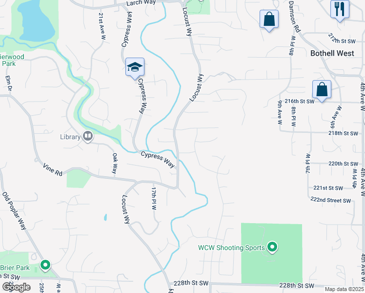 map of restaurants, bars, coffee shops, grocery stores, and more near 21925 Locust Way in Lynnwood