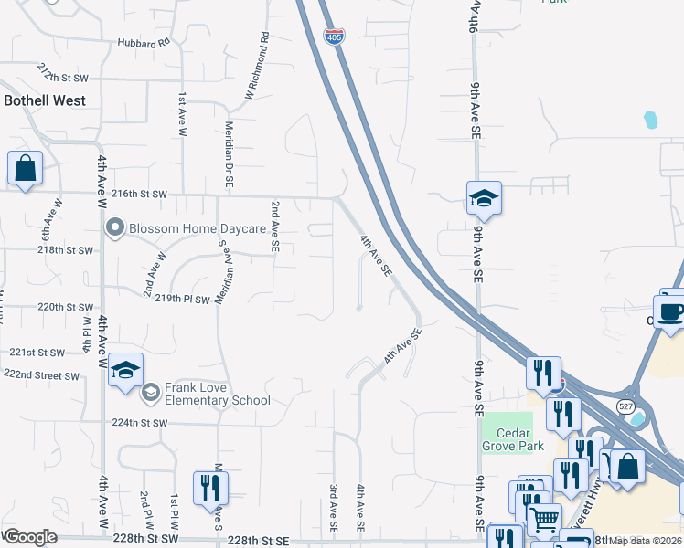 map of restaurants, bars, coffee shops, grocery stores, and more near 21907 3rd Avenue Southeast in Bothell