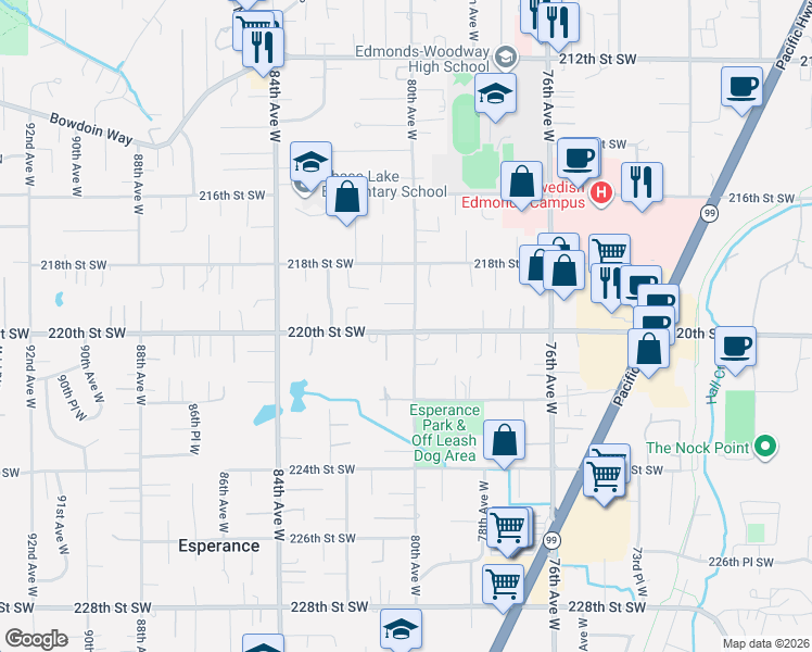 map of restaurants, bars, coffee shops, grocery stores, and more near 8005 219th Street Southwest in Edmonds