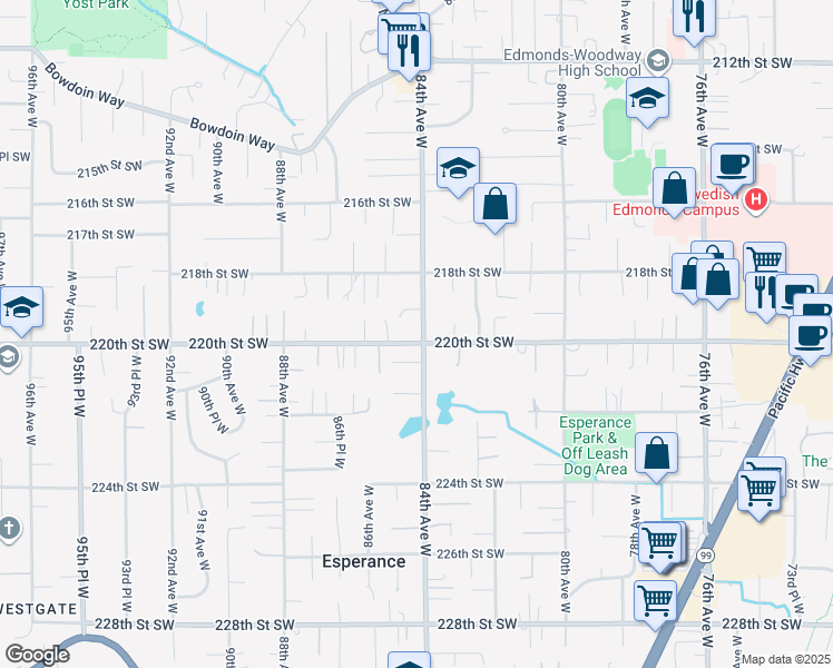 map of restaurants, bars, coffee shops, grocery stores, and more near 8405 220th Street Southwest in Edmonds