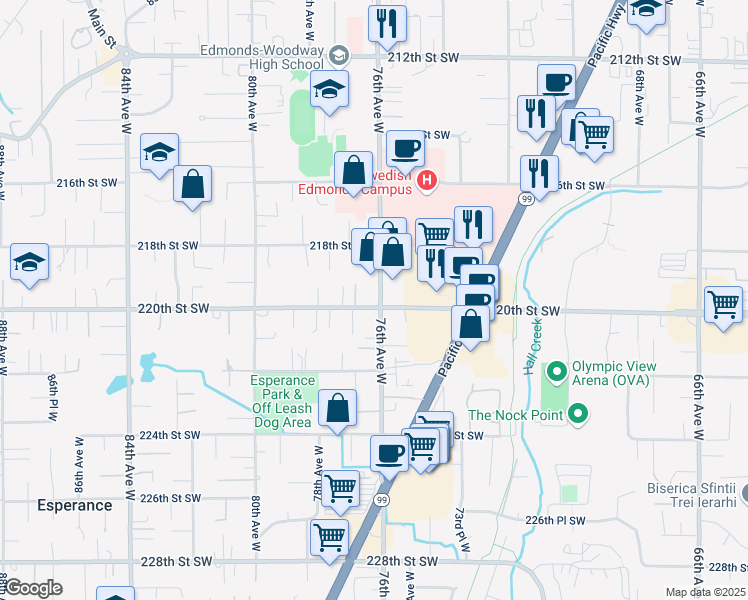 map of restaurants, bars, coffee shops, grocery stores, and more near 21911 76th Avenue West in Edmonds