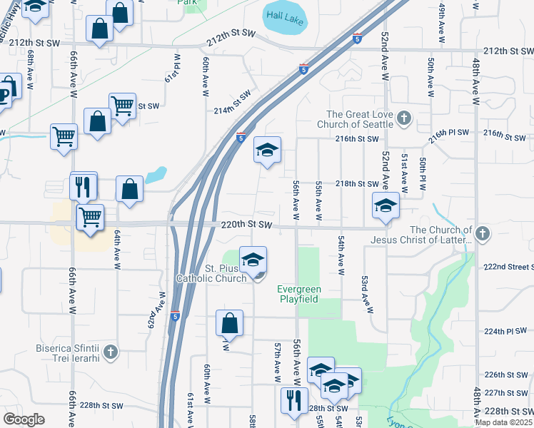 map of restaurants, bars, coffee shops, grocery stores, and more near 21817 58th Avenue West in Mountlake Terrace