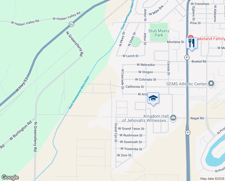 map of restaurants, bars, coffee shops, grocery stores, and more near 14129 Cascade Street in Rathdrum