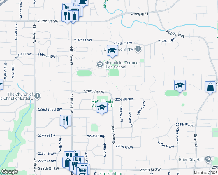 map of restaurants, bars, coffee shops, grocery stores, and more near 4009 219th Street Southwest in Mountlake Terrace