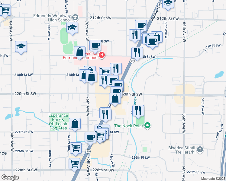 map of restaurants, bars, coffee shops, grocery stores, and more near 21900 Washington 99 in Edmonds