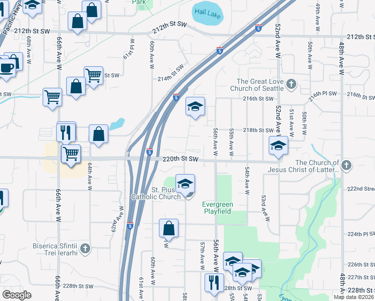 map of restaurants, bars, coffee shops, grocery stores, and more near 21905 58th Avenue West in Mountlake Terrace