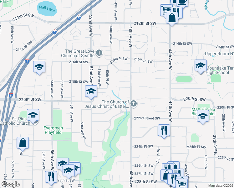map of restaurants, bars, coffee shops, grocery stores, and more near 21900 49th Place West in Mountlake Terrace