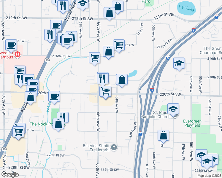 map of restaurants, bars, coffee shops, grocery stores, and more near 21819 66th Avenue West in Mountlake Terrace