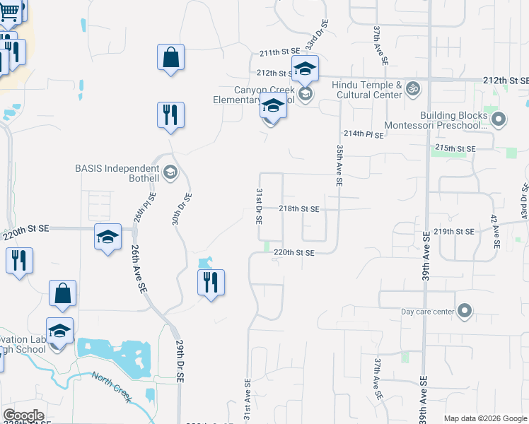 map of restaurants, bars, coffee shops, grocery stores, and more near 21716 31st Drive Southeast in Bothell