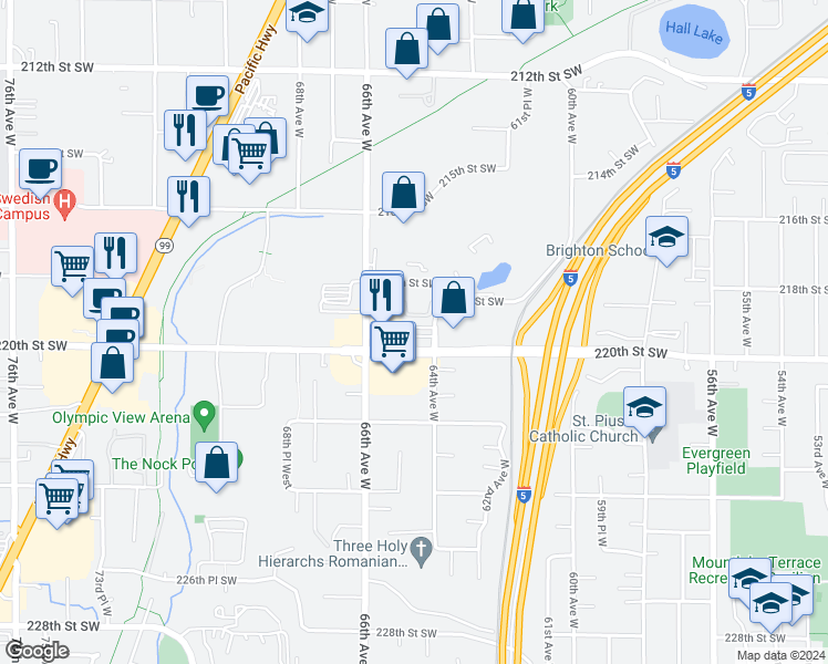 map of restaurants, bars, coffee shops, grocery stores, and more near 21819 66th Avenue West in Mountlake Terrace