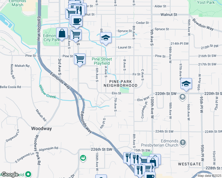 map of restaurants, bars, coffee shops, grocery stores, and more near 1131 A Avenue South in Edmonds