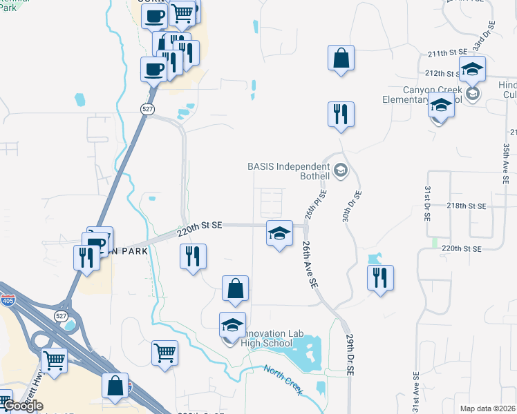 map of restaurants, bars, coffee shops, grocery stores, and more near in Bothell