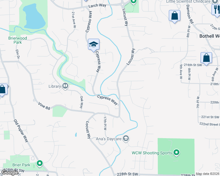 map of restaurants, bars, coffee shops, grocery stores, and more near 21804 Locust Way in Lynnwood