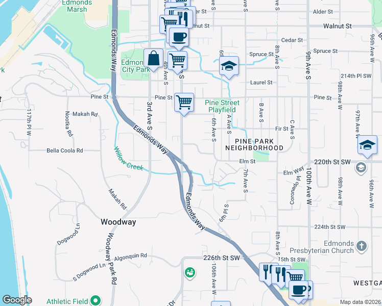 map of restaurants, bars, coffee shops, grocery stores, and more near in Edmonds