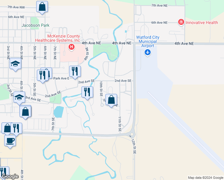 map of restaurants, bars, coffee shops, grocery stores, and more near 1008 4th Avenue Southeast in Watford City