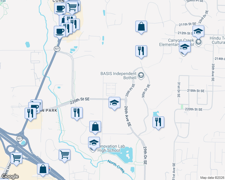 map of restaurants, bars, coffee shops, grocery stores, and more near 21716 25th Avenue Southeast in Bothell