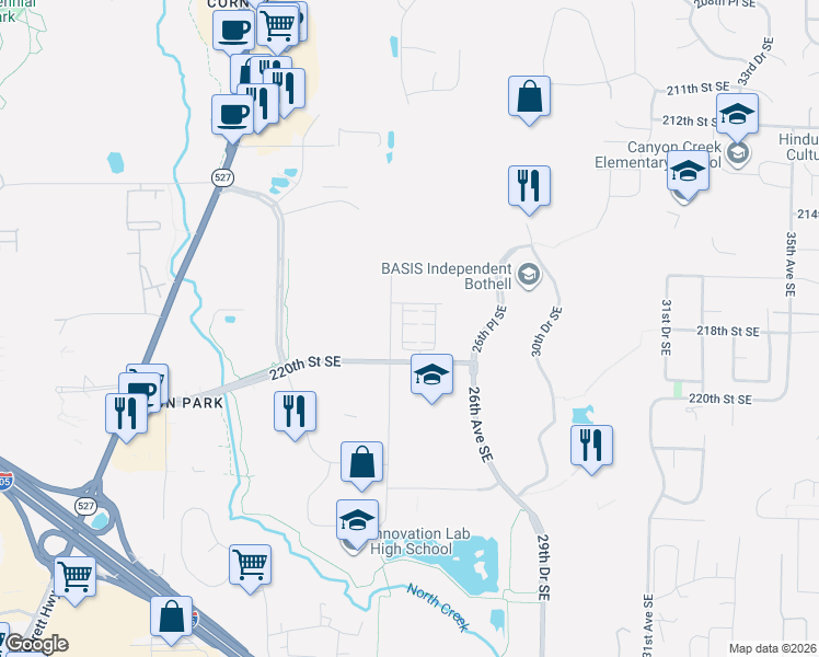 map of restaurants, bars, coffee shops, grocery stores, and more near 21716 25th Avenue Southeast in Bothell