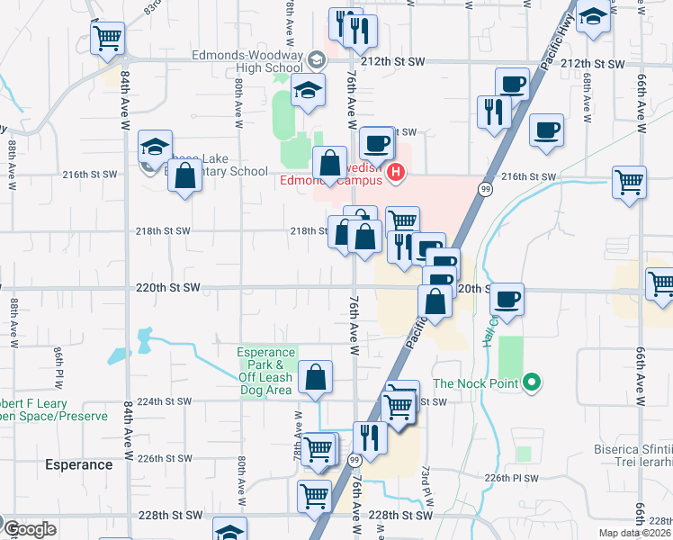 map of restaurants, bars, coffee shops, grocery stores, and more near 21828 76th Place West in Edmonds