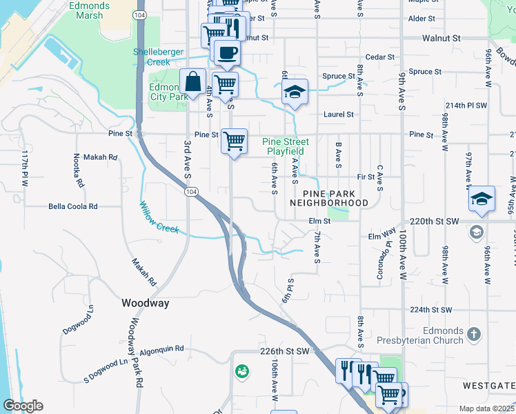 map of restaurants, bars, coffee shops, grocery stores, and more near 549 Elm Way in Edmonds