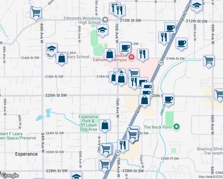 map of restaurants, bars, coffee shops, grocery stores, and more near 21828 76th Place West in Edmonds