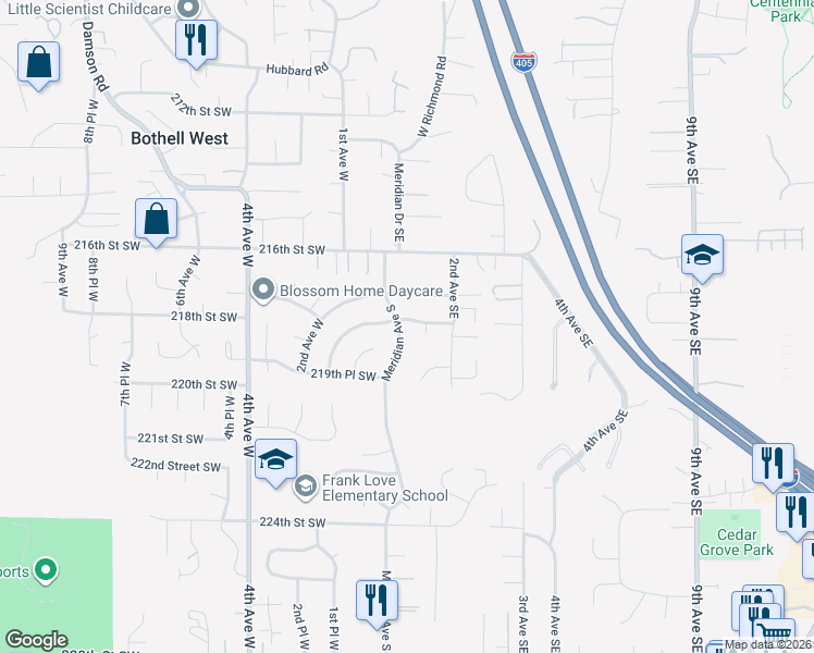 map of restaurants, bars, coffee shops, grocery stores, and more near 23 218th Place Southeast in Bothell
