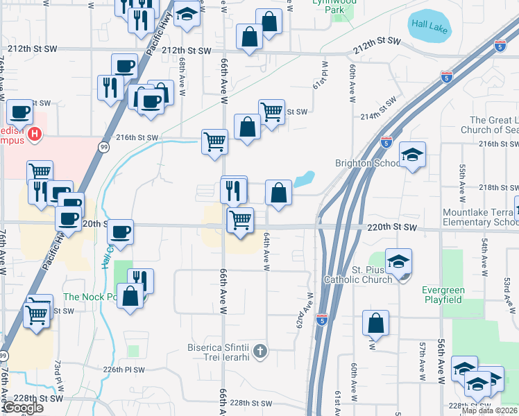 map of restaurants, bars, coffee shops, grocery stores, and more near 21902 64th Avenue West in Mountlake Terrace