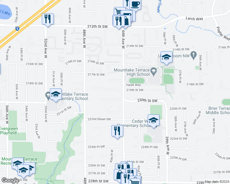 map of restaurants, bars, coffee shops, grocery stores, and more near 4406 219th Street Southwest in Mountlake Terrace
