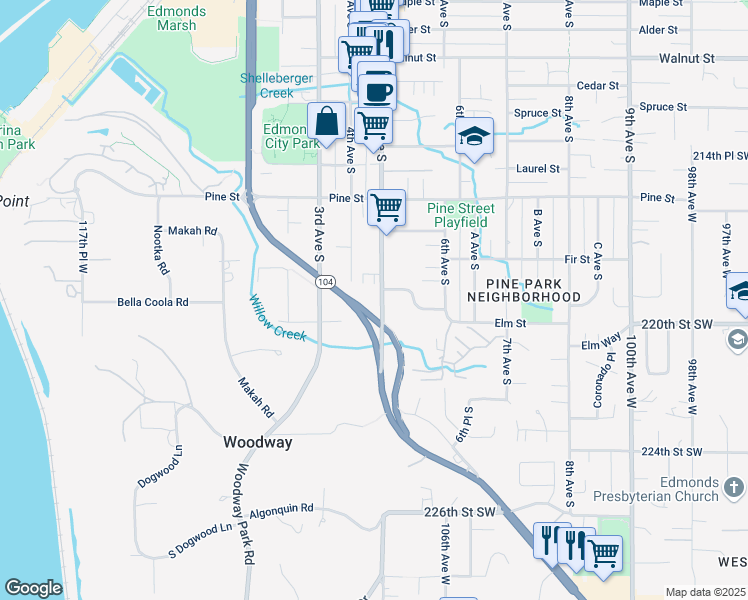 map of restaurants, bars, coffee shops, grocery stores, and more near in Edmonds