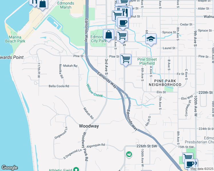 map of restaurants, bars, coffee shops, grocery stores, and more near 1138 3rd Avenue South in Edmonds