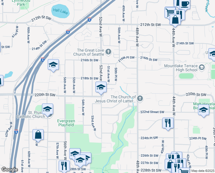 map of restaurants, bars, coffee shops, grocery stores, and more near 5102 219th Street Southwest in Mountlake Terrace