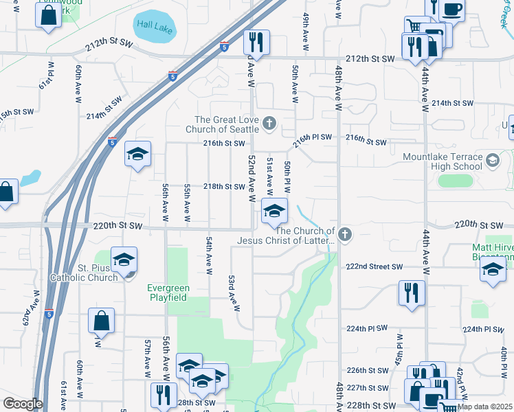 map of restaurants, bars, coffee shops, grocery stores, and more near 5102-5104 219th Street Southwest in Mountlake Terrace